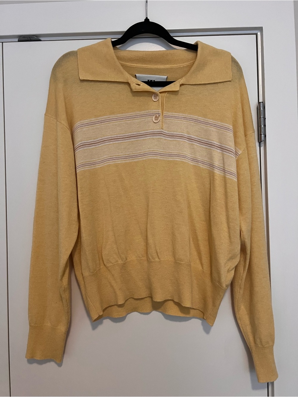 Retro Yellow Striped Polo-Neck 100% Wool Sweater
